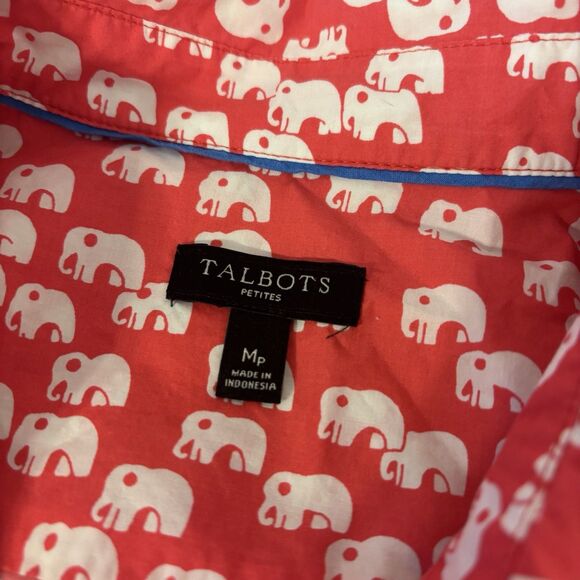 Talbots Womens MP Shirt Pink Elephant Print Top Blouse Button Roll-Tab Cotton - Picture 7 of 7